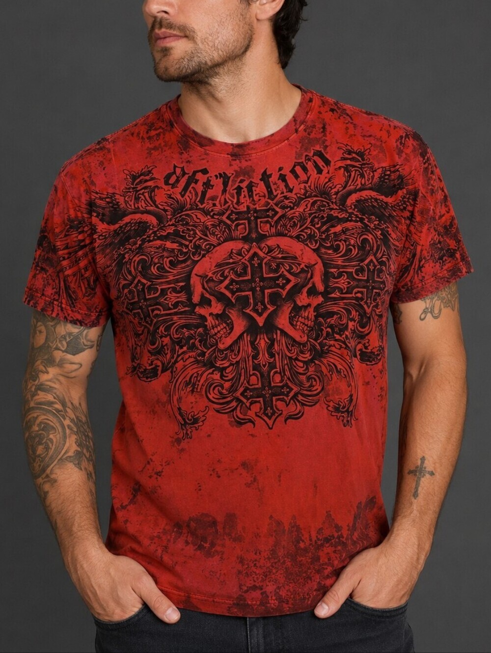 Vtg Affliction Distressed Red Fedor v Barnett Trilogy Shirt HTF MMA UFC AOP